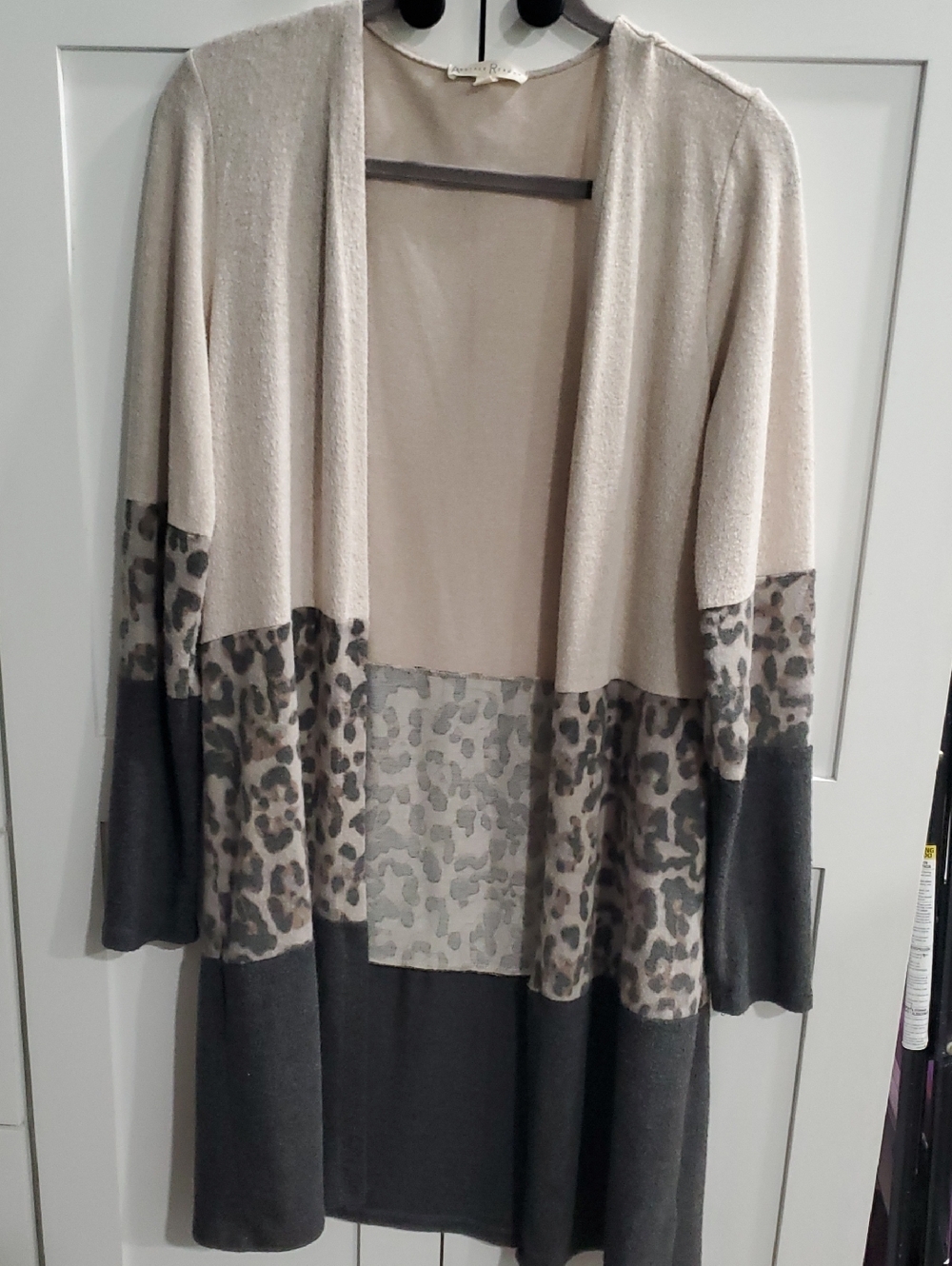 Open-Front Leopard Block Cardigan in Beige and Gray
